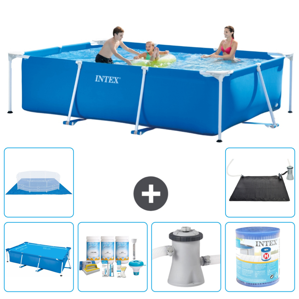 Bazén Intex s obdĺžnikovým rámom - 300 x 200 x 75 cm - modrý - obsahuje markízu - balík na údržbu - filtračné čerpadlo pre bazén - filter - zemný kryt - solárna podložka