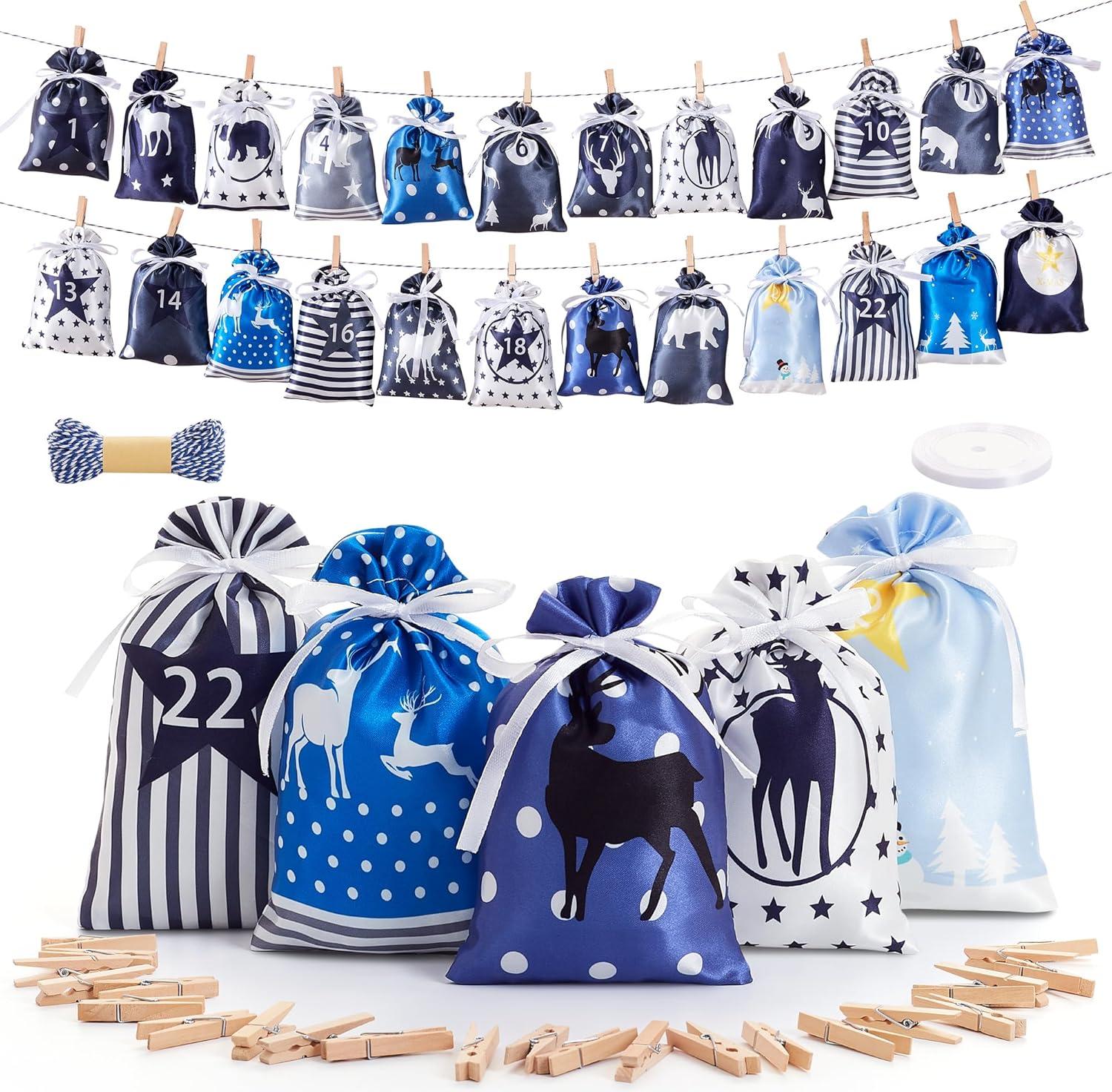 snq Adventskalender zum Befš¹llen 24 Blau-Grau Weihnachtskalender Geschenk Stoff 2025 Adventskalender S?ckchen Tš¹ten Selber Befš¹llen fš¹r Kinder Frauen M?nner Wiederverwendbar READ-00003
