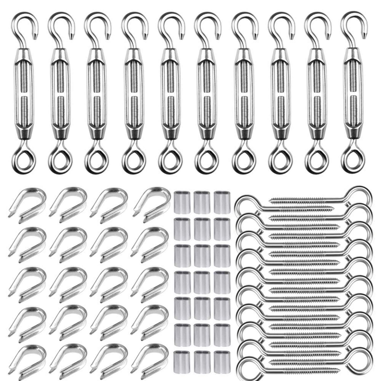 Markenlos Set aus Drahtspannern, 10 Drahtspanner aus Edelstahl mit Haken und 20 Ösenbolzen, 2 mm Drahtspanner für Zäune, Garten, Wäscheleinen und Gardinensysteme.