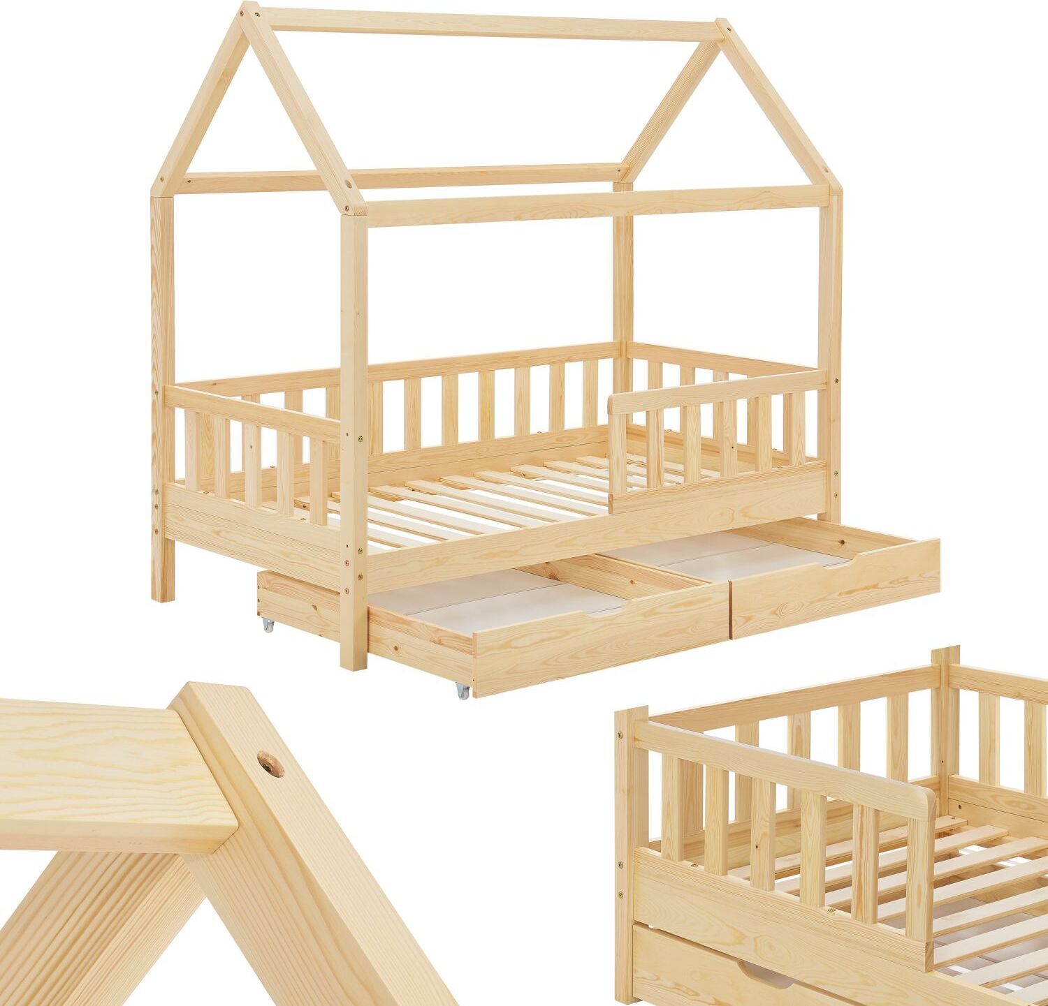 Juskys Kinderbett Marli 90 x 200 cm mit Matratze, Bettkasten, Lattenrost & Dach - Holz Natur 300606999