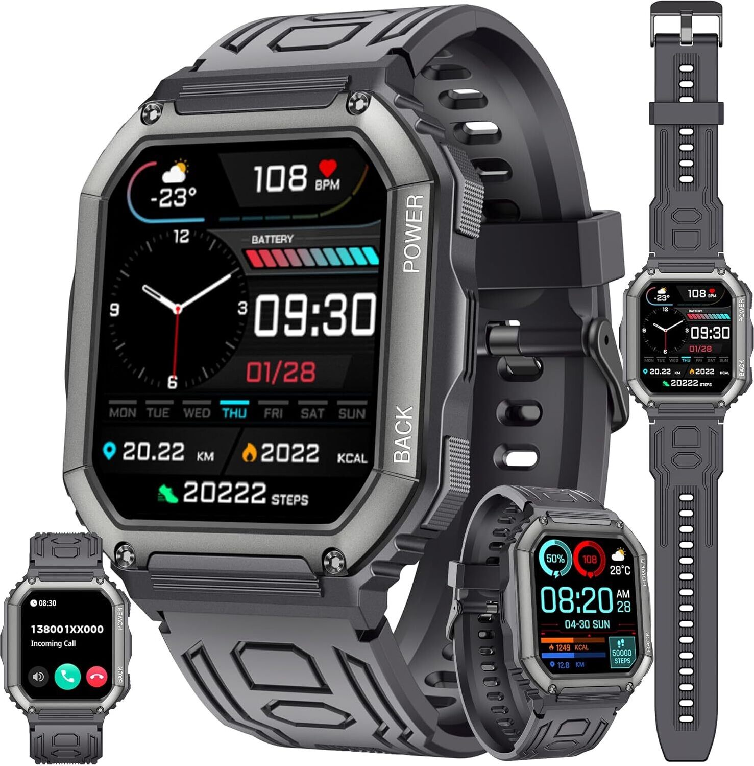 ZPIMY Herren Smartwatch mit Telefonfunktion, AMOLED 5ATM wasserdichte Fitness Taschenlampe Schrittzähler, Herzfrequenz, SpO2, Sportuhr, Aktivitätstracker