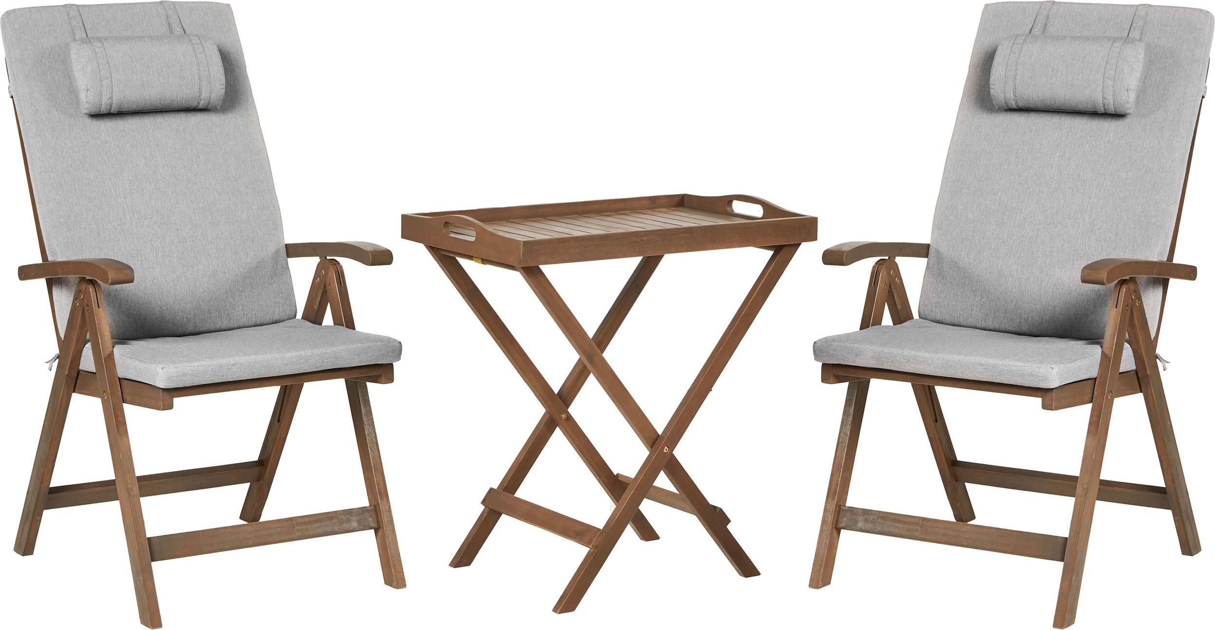 BELIANI Záhradný bistro set z masívneho agátového dreva so sivými melanžovými vankúšmi stôl 2 stoličky s nastaviteľným operadlom skladací rustikálny štýl