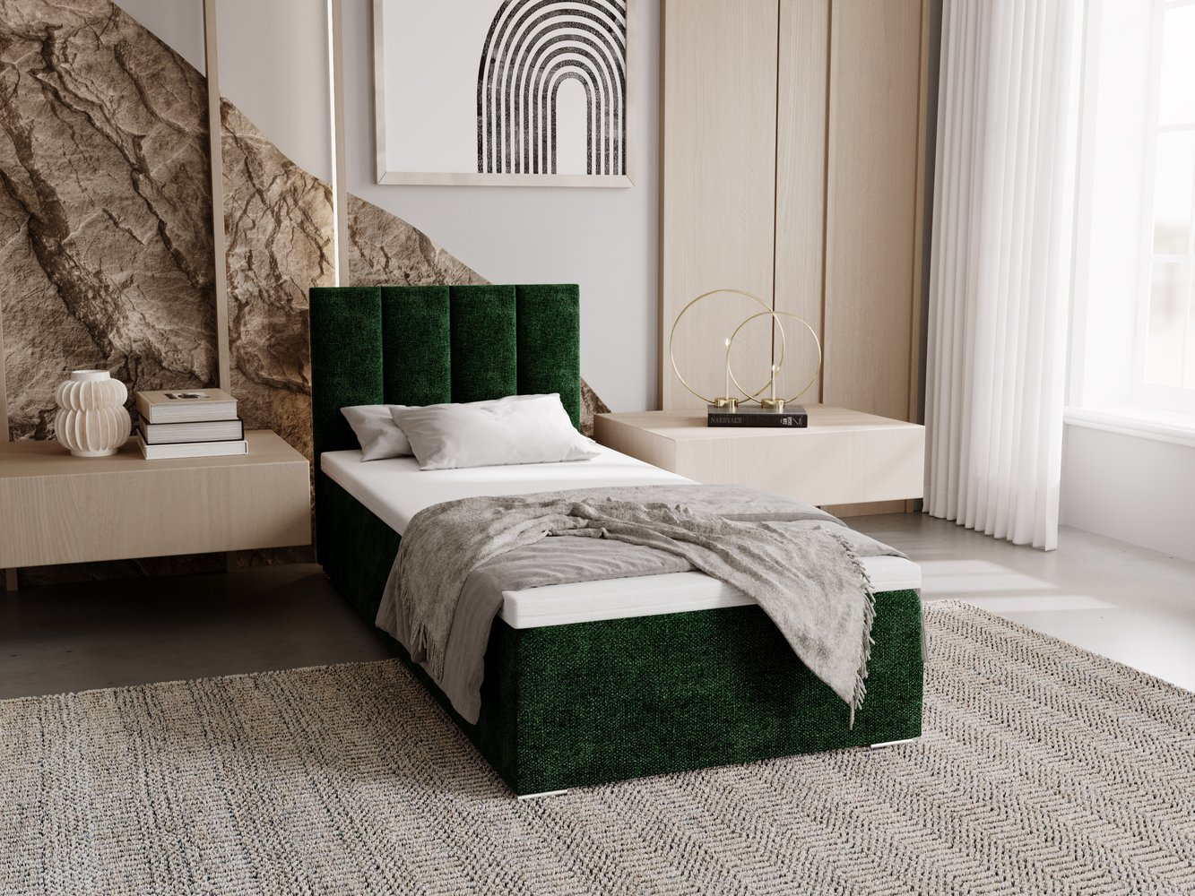 Čalúnená posteľ 90x200 ELSIE 4 s úložným priestorom - zelená, ľavé prevedenie