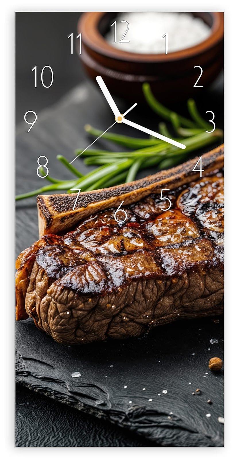 Primedeco Wanduhr aus Glas mit Motiv Gegrilltes Steak- 30 x 60 cm - inkl. Aufhängesystem