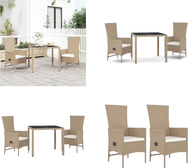 vidaXL 3 tlg. Garten Essgruppe mit Kissen Beige Poly Rattan - Garten Essgruppe - Garten Essgruppen - Essgruppe - Essgruppe Terrasse
