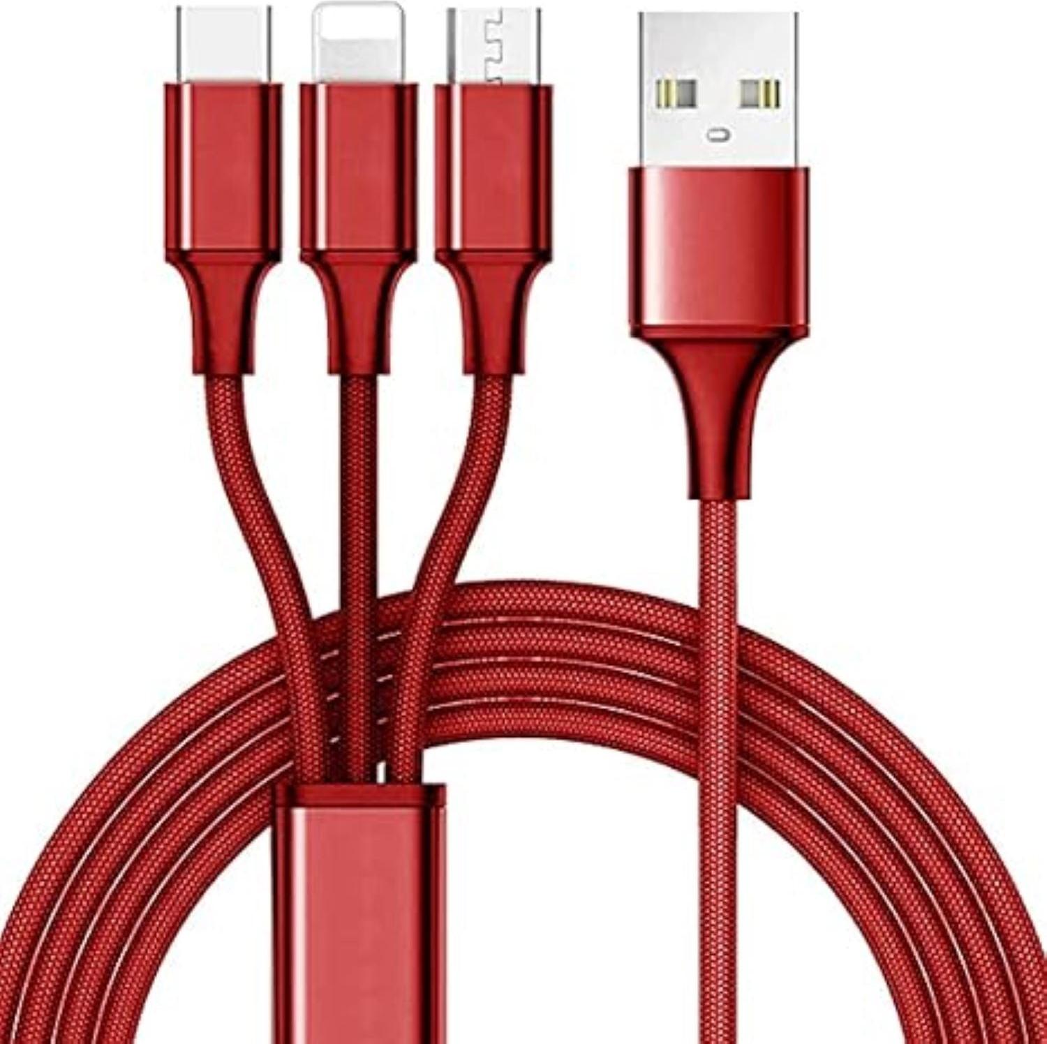 Nabíjací kábel 3 v 1 – odolný multifunkčný kábel s konektormi USB-C, Micro a pre iPhone – červený / 1 ks
