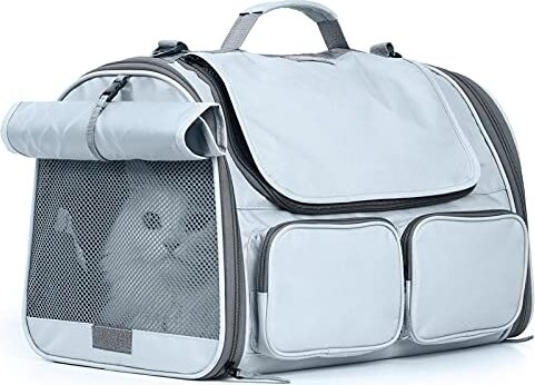 FUKUMARU Katzentransportbox, faltbare Hundekasten -Reisetasche, Katzen/Hunde 22 kg, hellgrau, groß