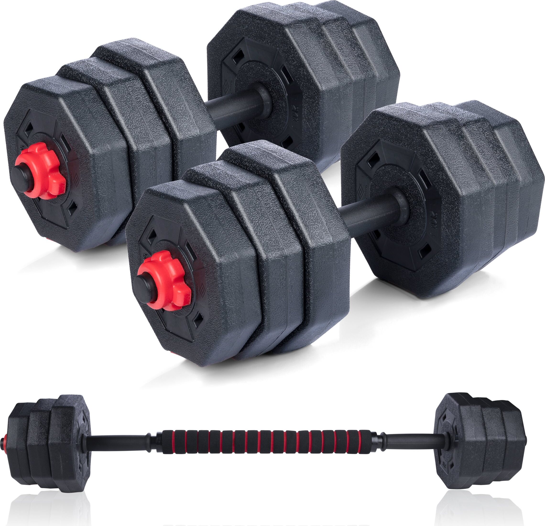 Umbro Hanteln Set 19Teilig - Kurzhanteln und Langhantel – Verstellbare Hanteln für Verschiedende Übungen - Gewichte von 1.25 KG, 1.5KG und 2KG - Kunststoff - Schwarz/Rot