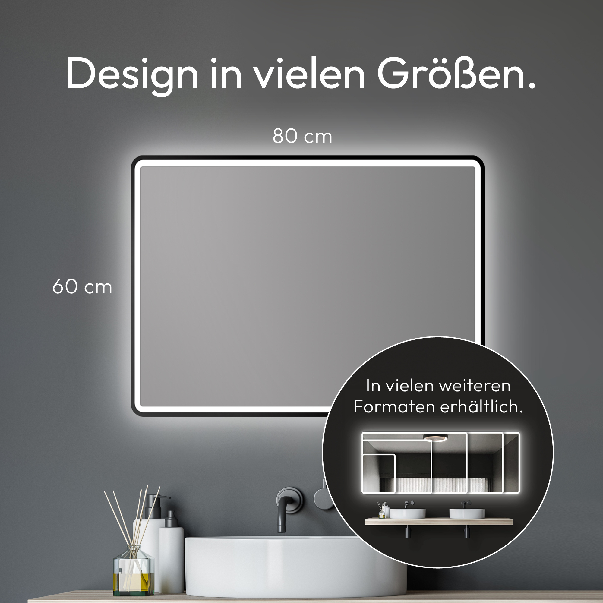 LED Badspiegel TALOS 80x60 cm - feuchtraum geeigneter Badezimmerspiegel mit Beleuchtung matt schwarzer Aluminiumrahmen Wandspiegel Lichtumrahmung 50243