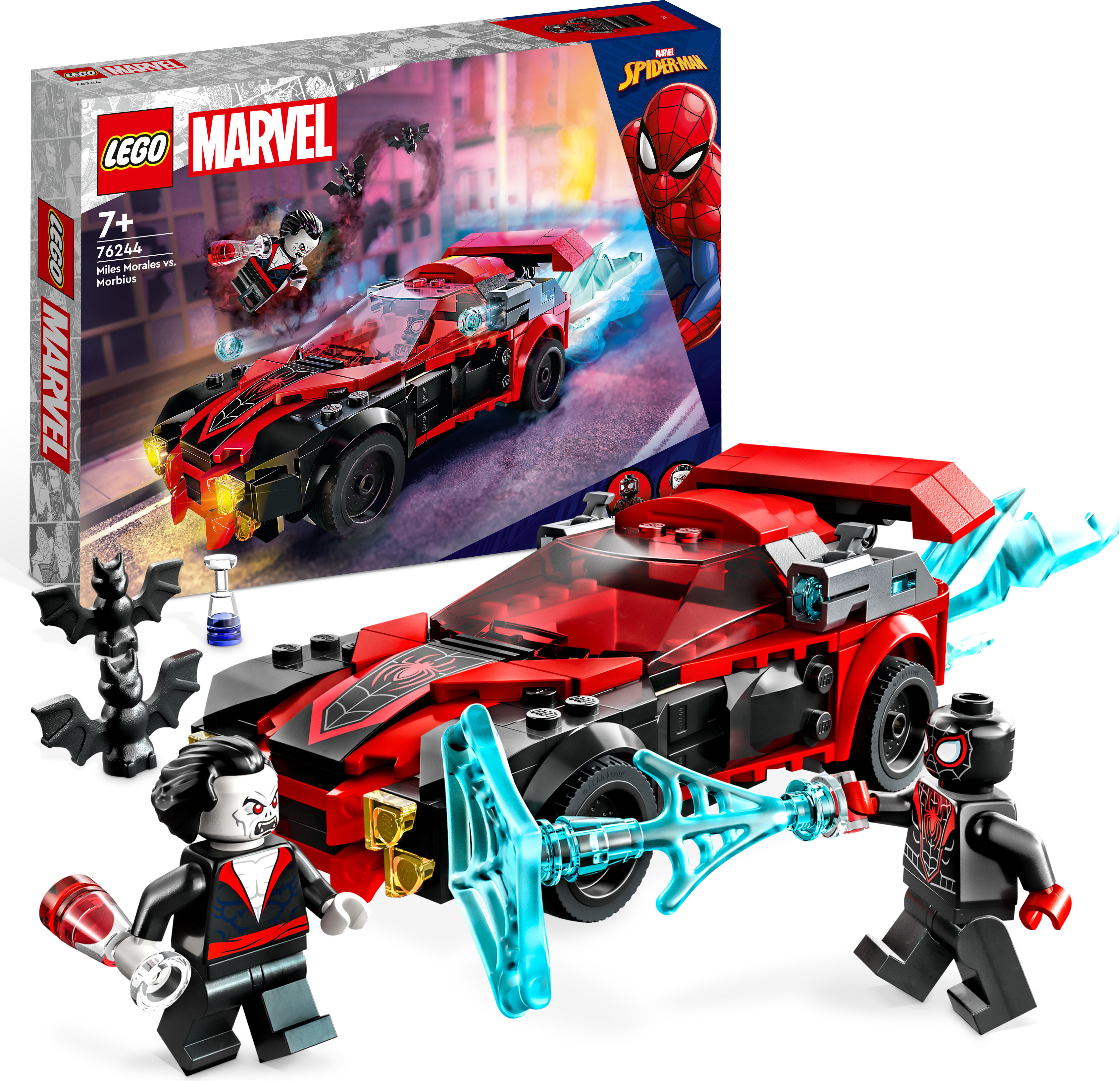 LEGO 76244 Marvel Miles Morales vs. Morbius Set, Spider-Man Rennwagen Spielzeugauto zum Bauen aus Abenteuer im Spiderverse mit Spidey Minifiguren