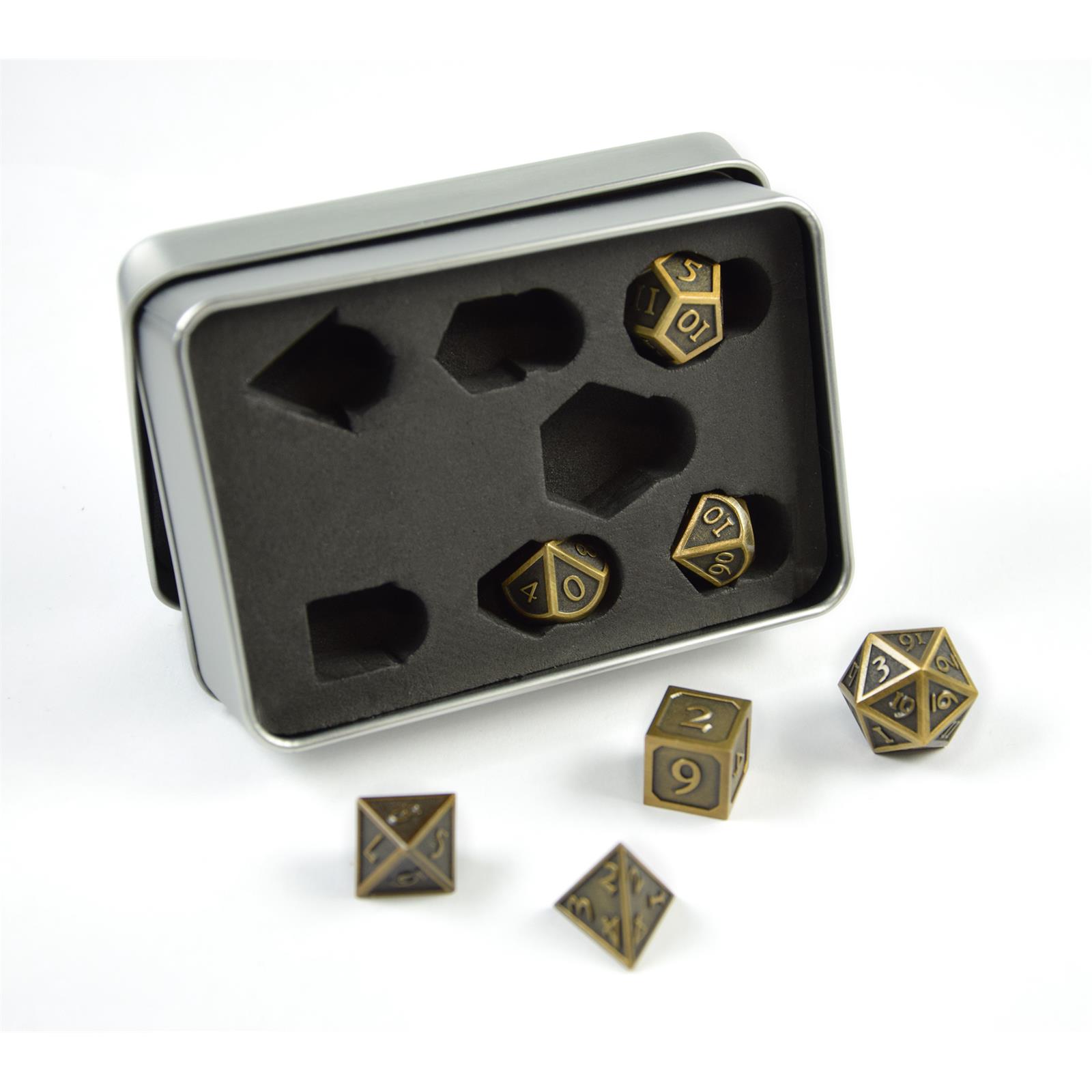 PhoneNatic 7 polyedrische Metall-Würfel für Rollen- und Tabletopspiele in Steampunk Gold-Optik inkl. Aufbewahrungsbox Polyedrische Würfel
