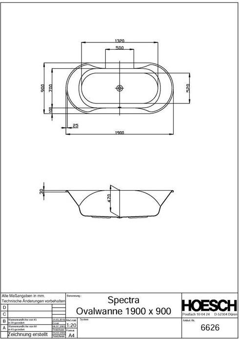 Hoesch Spectra Ovalbadewanne 1900 x 900 mm weiß - 6626.010