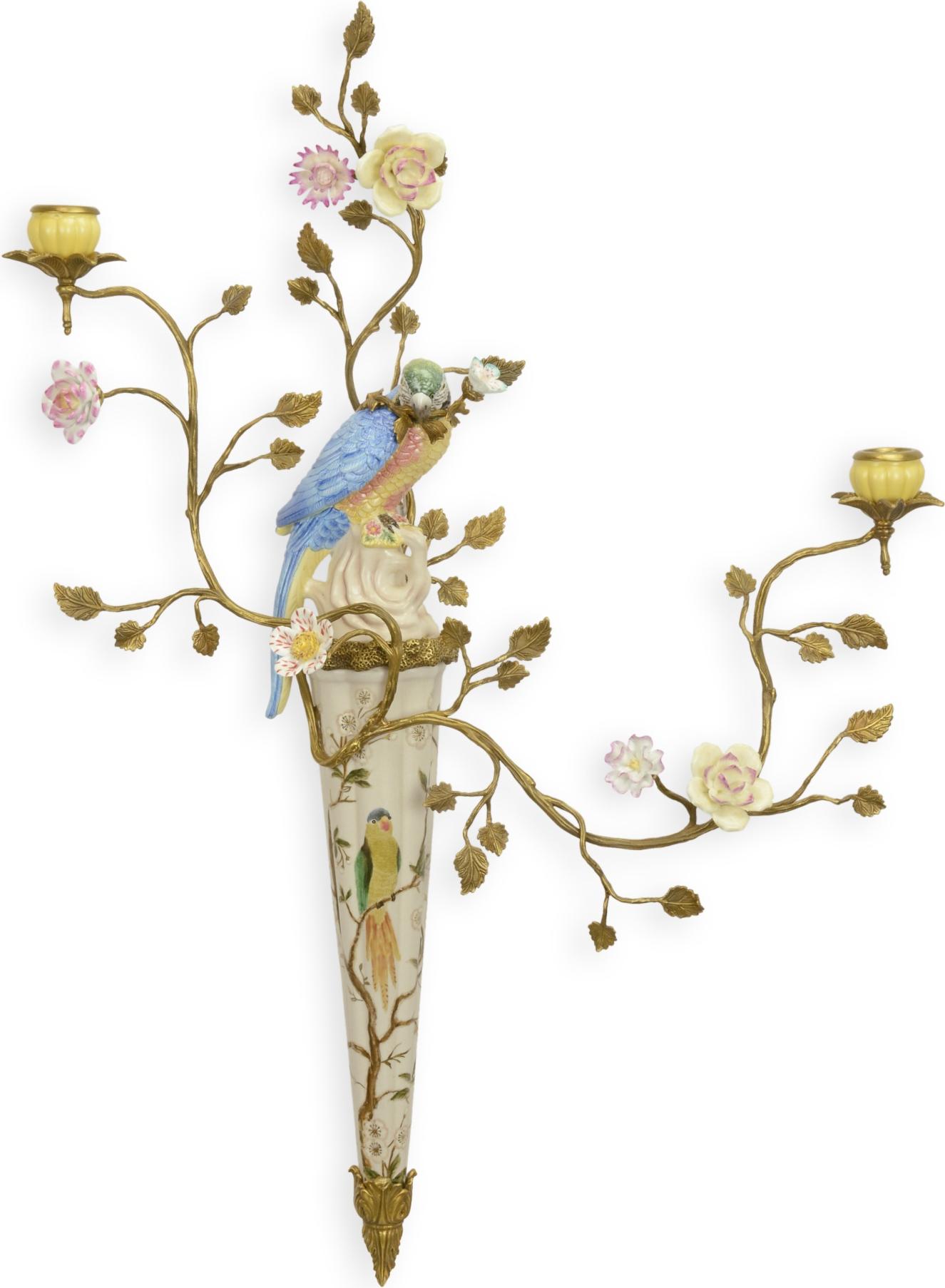 Aubaho Eine Wandapplikation aus Porzellan mit zwei Zweigen, auf Bronze montiert Replikat Retro Design Dekoration