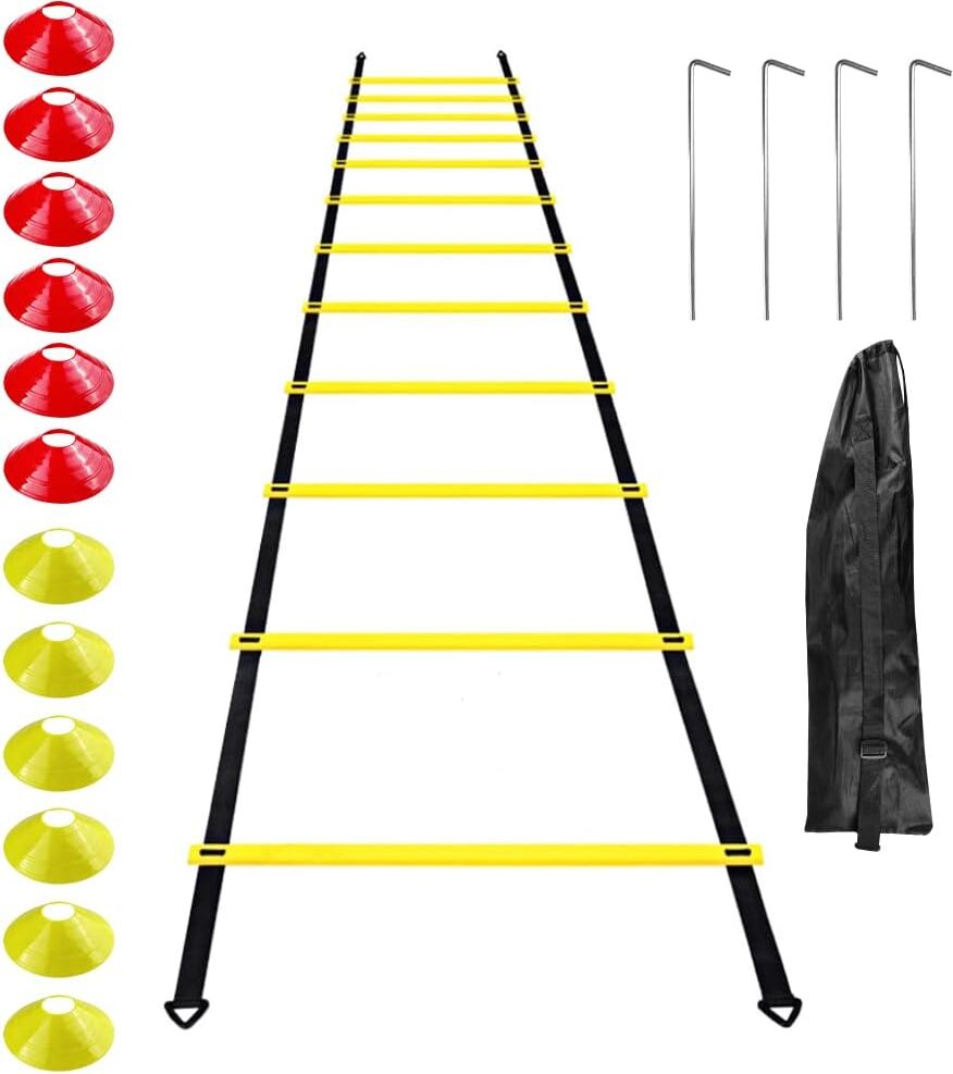 AKKEE Koordinationsleiter, 12 Sprossen 6m Trainingsleiter mit Tasche für Fußball Hockey, Fußball Trainingszubehör, Fußballtraining