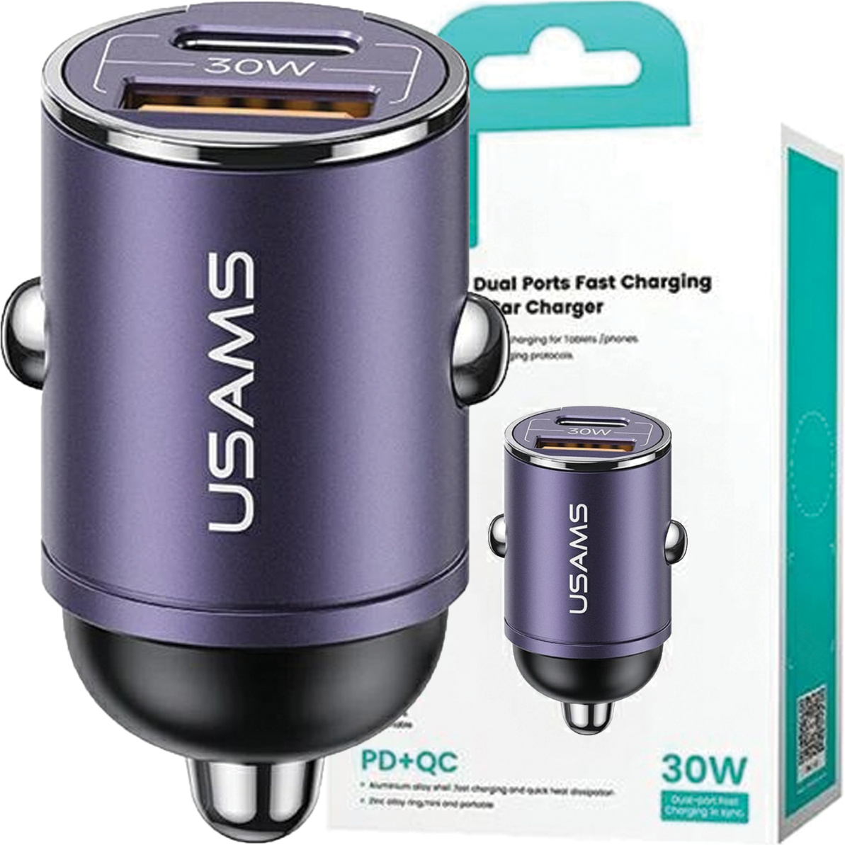 Usams Lad. Sám. 1Xusb+1Xusb-C C38 30W Pd Fast Charge So Vstavaným Krúžkom Fialová/Fialová Cc206Cc02 (Us-Cc206)