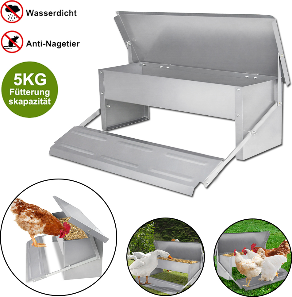 LZQ 5KG Automatischer Futtertröge, Futterautomaten mit Selbstöffnend Pedal, Hühner Futterautomat, Futterspender Tröge für Geflügel Enten