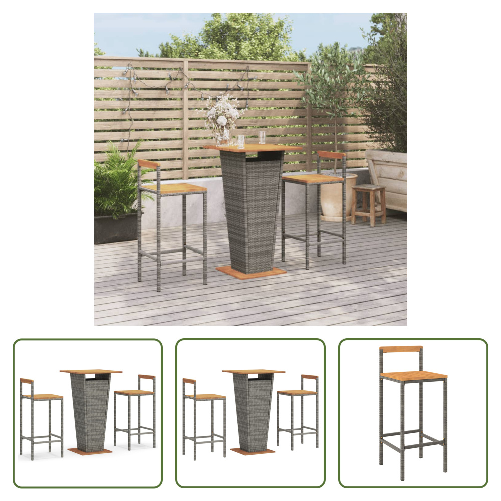 The Living Store 3ks. Záhradný barový set sivý polyratan a masívne drevo akácie