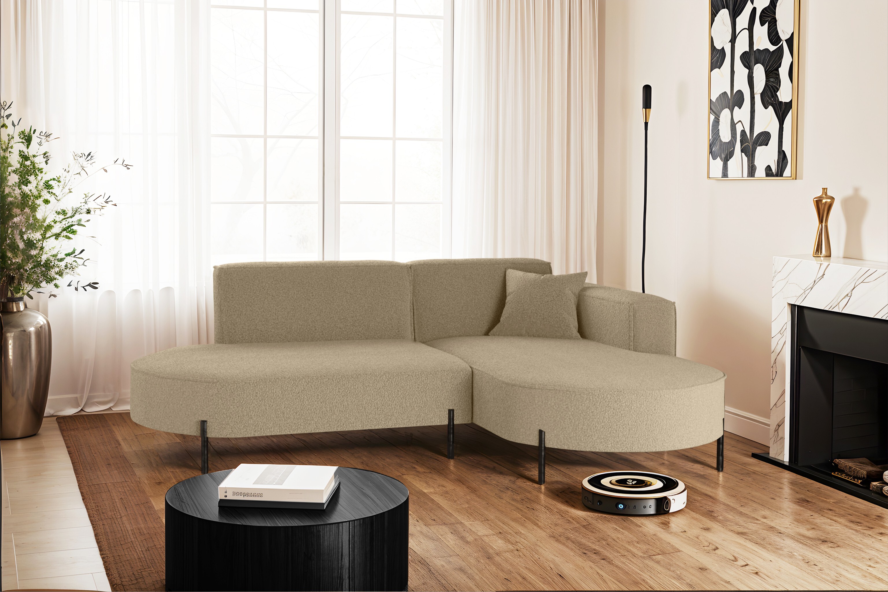Kaiser Möbel Ecksofa, Sofa L-Form Designer Modena Rein stoff Quelle Hellbraun Rechts keine Angaben