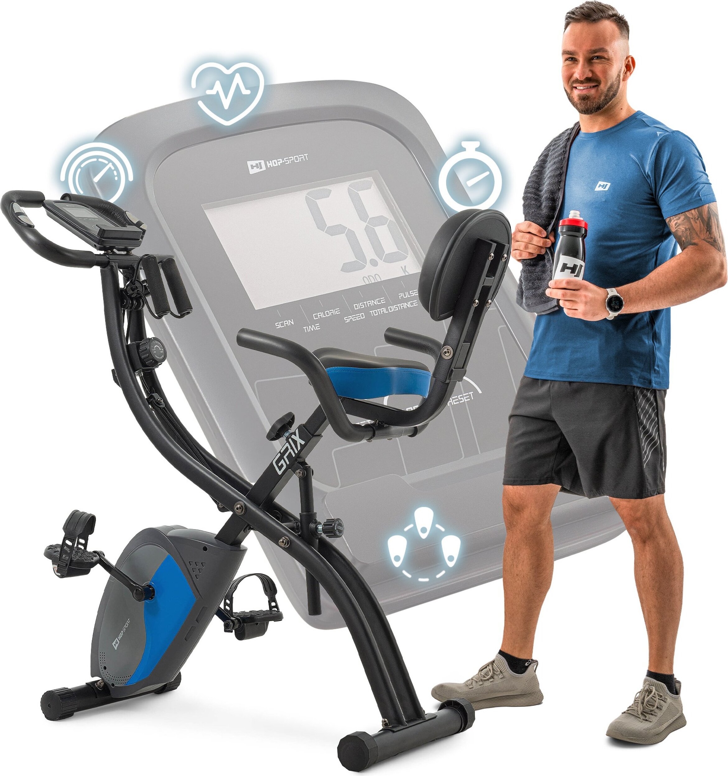 Hop-Sport 3-v-1 skladací bicykel HS-3010x Grix s odporovými pásmi, LCD displejom a snímačmi srdcového tepu - ergometer s 8 úrovňami odporu