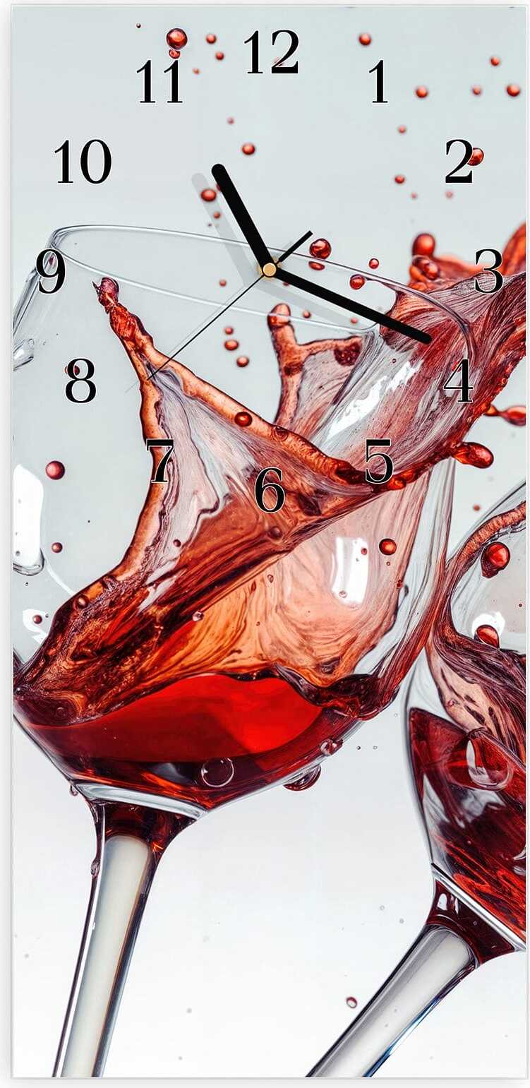 Primedeco Wanduhr aus Glas mit Motiv Weinkelchplätschern- 30 x 60 cm - inkl. Aufhängesystem