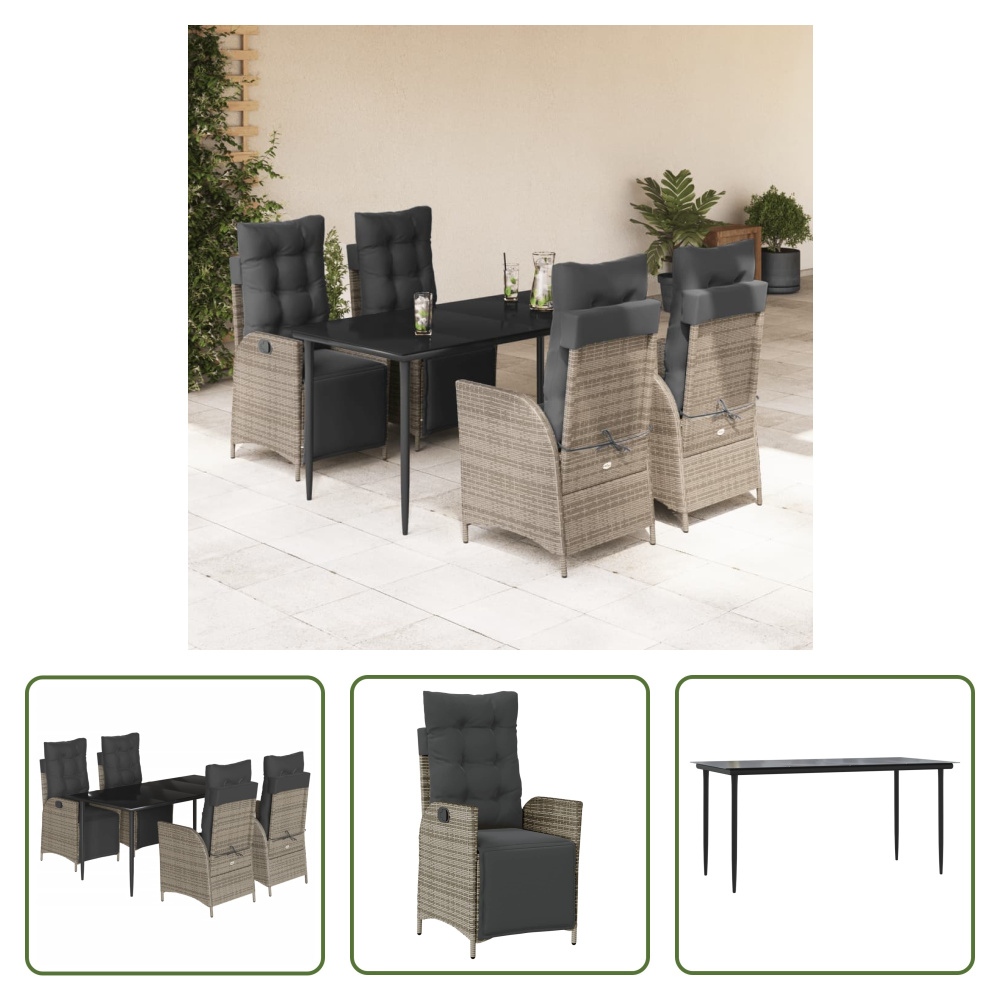 The Living Store 5-dielny záhradný jedálenský set s vankúšmi sivý polyratan