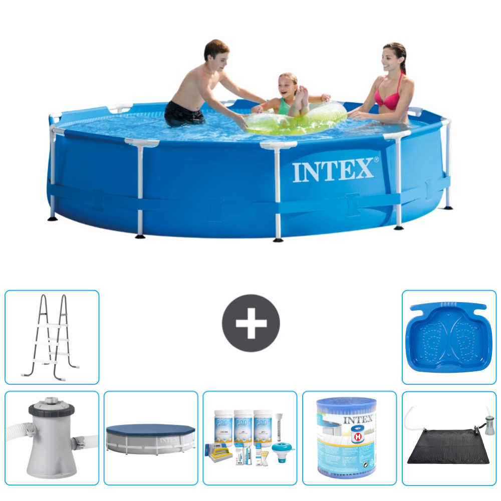 Okrúhly rámový bazén Intex - 305 x 76 cm - modrý - vrátane krytu čerpadla - balík na údržbu - filter - solárna podložka - rebrík - vaňa pre nohy