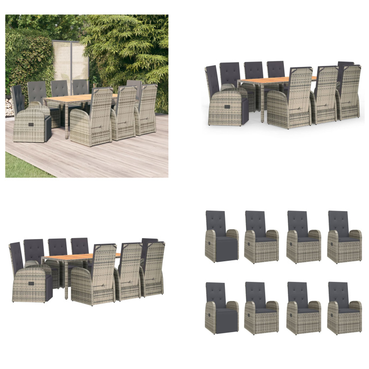 vidaXL 9 tlg. Garten Essgruppe mit Kissen Grau Poly Rattan - Garten Essgruppe - Garten Essgruppen - Essgruppe - Essgruppe Terrasse