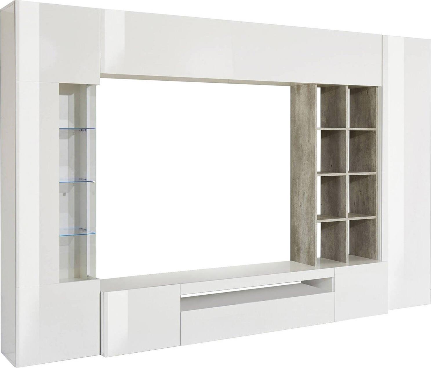 Dmora Wohnzimmermöbel Dlazzar, TV-Ständer Wohnzimmer-Set, Mehrzweck-Wohnzimmermöbel mit LED-Beleuchtung, 100 % Italy, cm 290x40h192, glänzend weiß und Zement