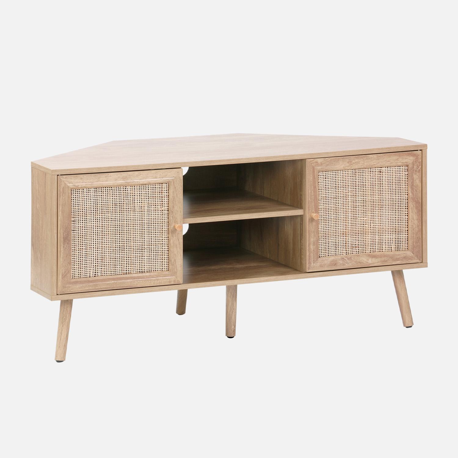 sweeek - Eck-TV-Möbel mit Holzdekor und Rattan-Geflecht, 2 Türen, 1 Regal - Natur IBOTVCORNERNAT
