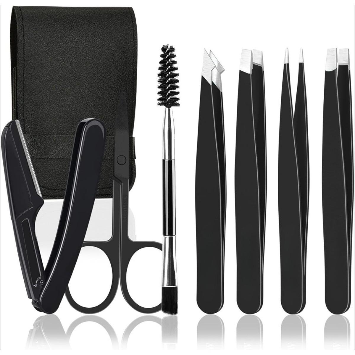 Slyrun Augenbrauenrasierer, 7-in-1-Augenbrauen-Set,Edelstahl,einschließlich Augenbrauenbürste,Pinzettemit Leder Etui,Schwarz KAUF-QYSP-HB2535-029