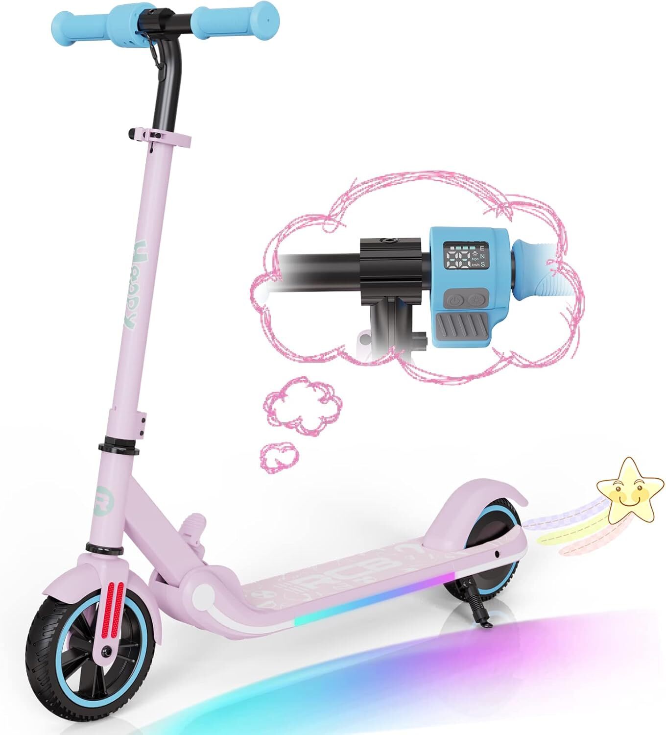 RCB Elektrická kolobežka pre deti od 6 do 12 rokov, elektrická kolobežka s LED displejom, farebné neónové svetlá, nastaviteľná výška a rýchlosť, len 6,5 kg Skladacia