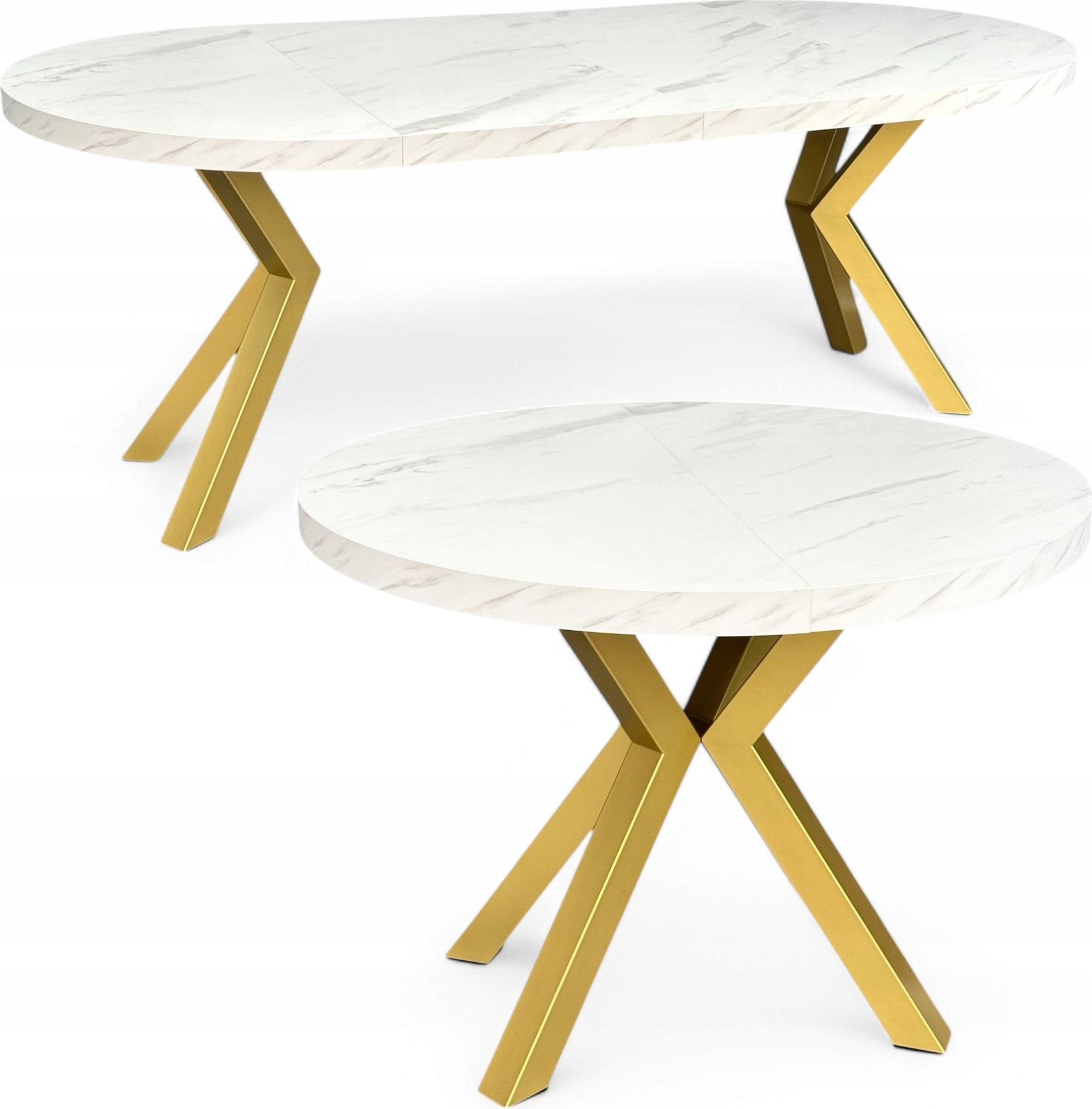 Damale-Mobel Marmor Esstisch Rund Ausziehbar Ø100/200 cm Weiß mit Goldenen X-Metallbeinen