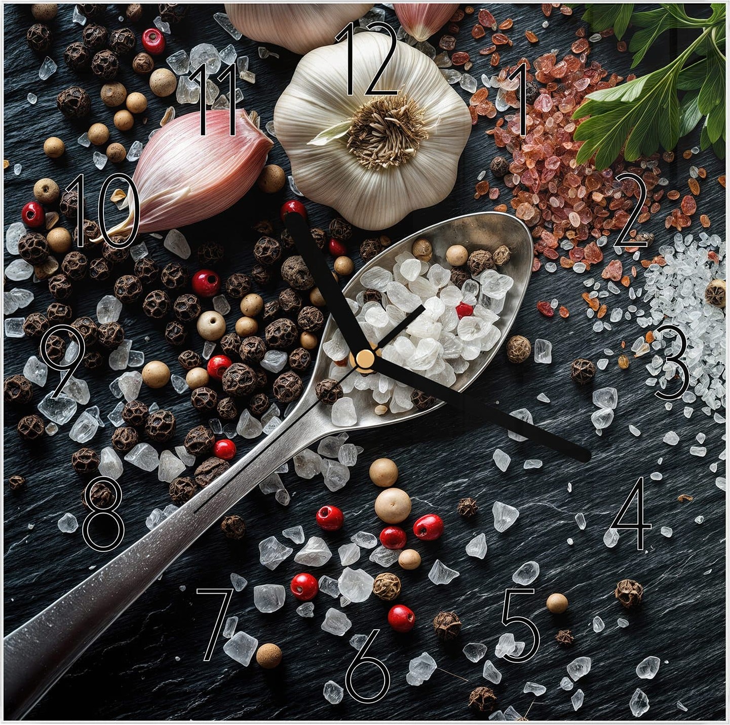 Primedeco Wanduhr aus Glas mit Motiv Küchenzutaten- 30 x 30 cm - inkl. Aufhängesystem