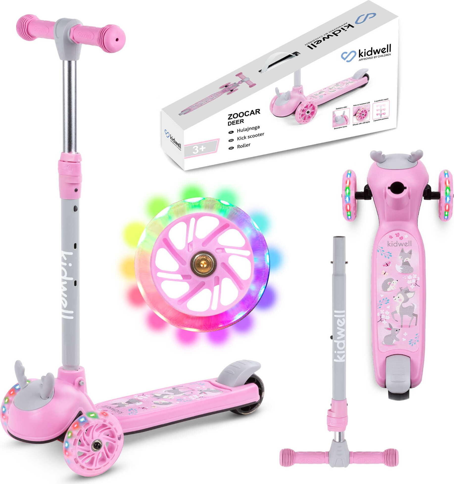 Kinderroller Tretroller Dreirad-Balance-Roller Kidwell ZOOCAR für Kinder ab 3 Jahren. Lenkrad aus Aluminium, Podest aus Kunststoff, Räder aus Polyurethan mit LED-Beleuchtung, Deer, rosa HUBAZOO01A1