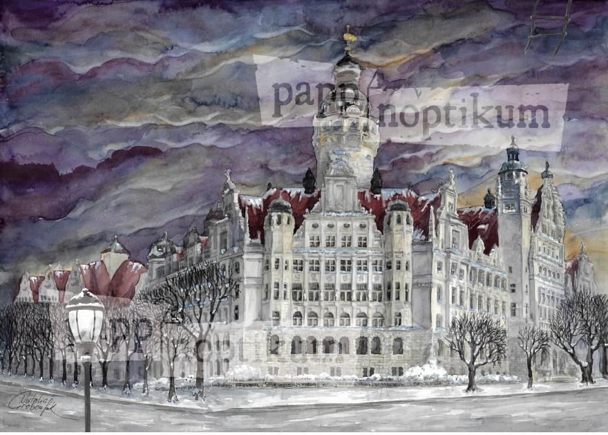 Adventný kalendár Lipsko – Nová radnica, akvarel na papieri, 38 x 27 cm