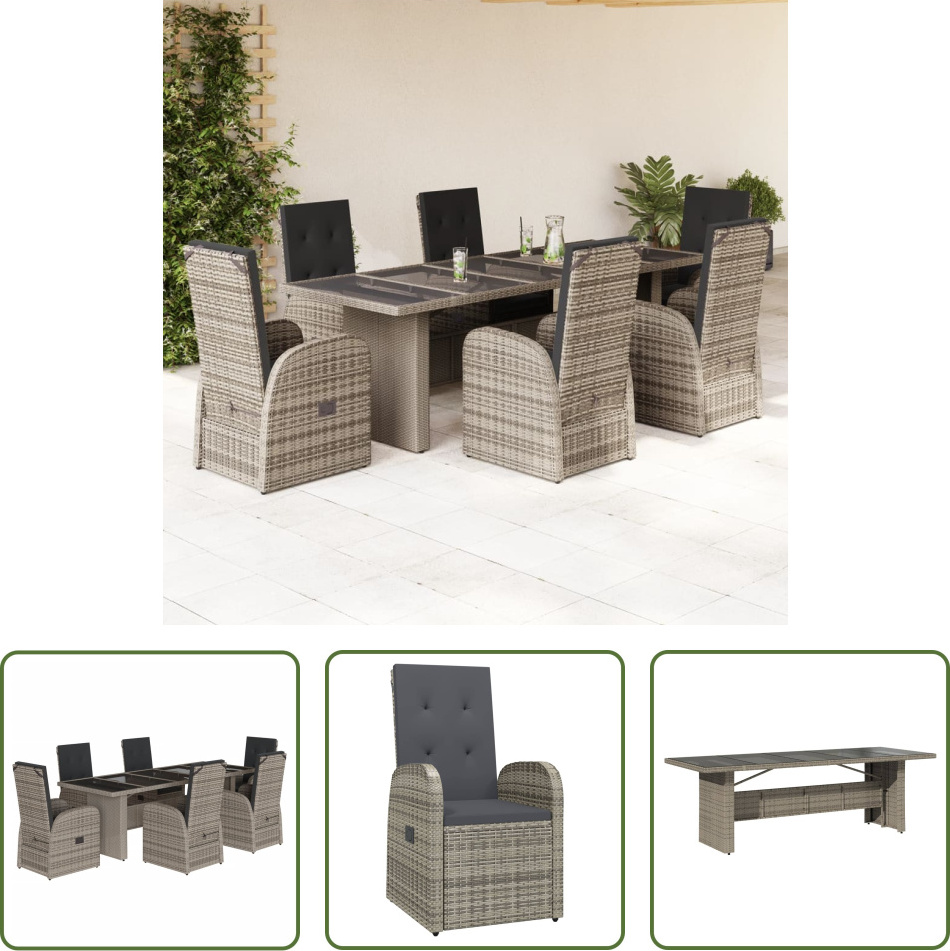 The Living Store 7-dielny záhradný jedálenský set s vankúšmi sivý polyratan