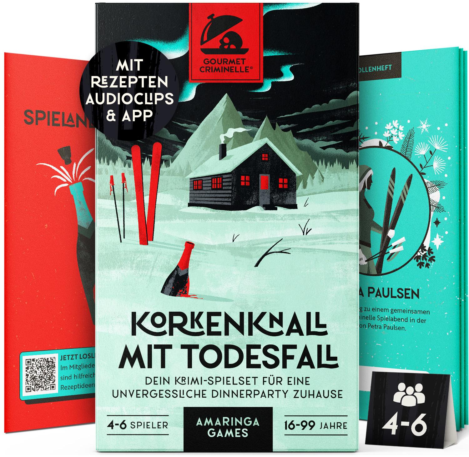 Gourmet Criminelle® Krimidinner für zuhause | 4 bis 6 Personen | Korkenknall mit Todesfall | Krimidinnerspiel ab 16 Jahren GCKOMT