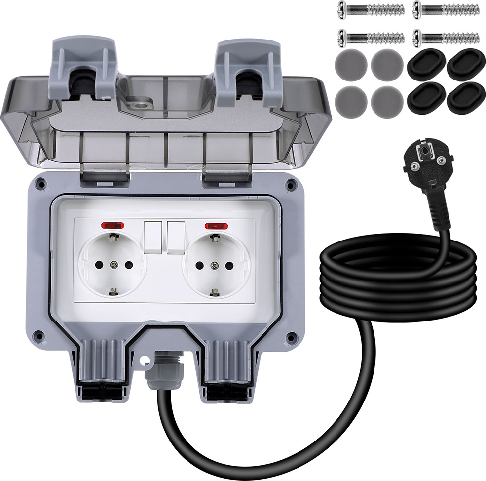 DEWIN Außensteckdose Wasserdicht IP66 – Doppelsteckdose 16A, EU-Standard, Für Garten & Terrasse