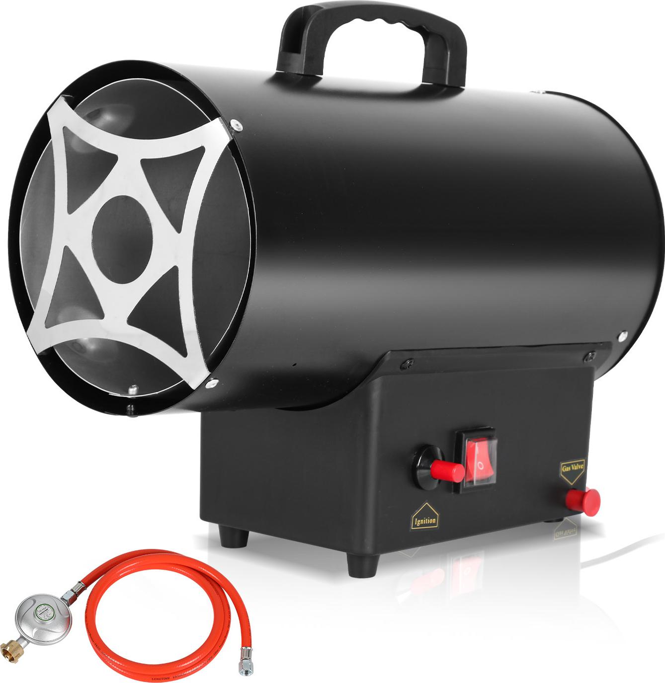 Bettizia plynový ohrievač ventilátor 10 kW, s pripojovacou hadicou, reduktorom tlaku, turbo ventilátor, pre štandardné plynové fľaše, teplovzdušný generátor vykurovacia pištoľ plynový ohrievač stavebný ohrievač vykurovacia turbína