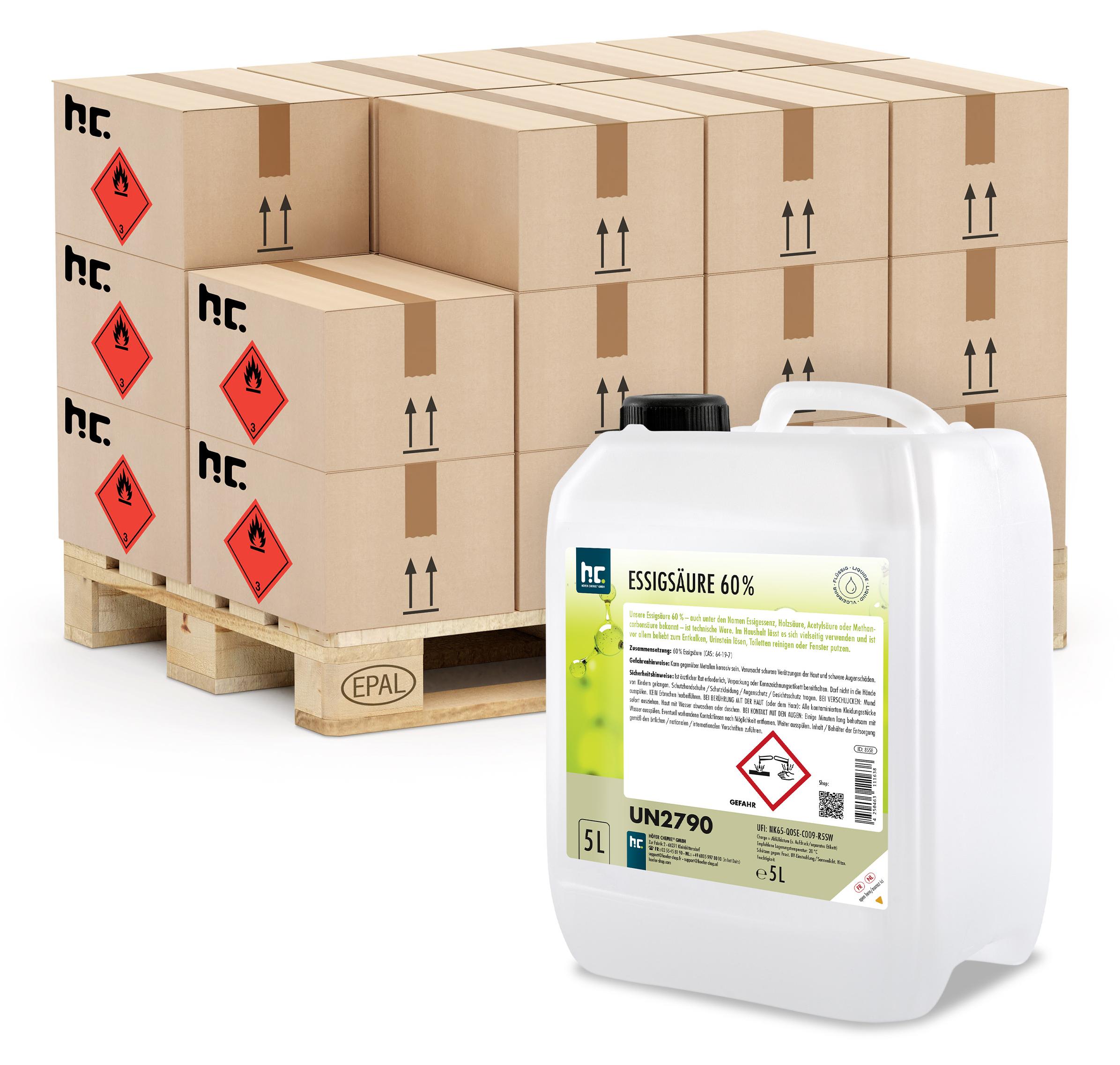 96x5 L Höfer Chemie® hochprozentige Essigsäure 60% zur Entkalkung und Reinigung von Haushaltswaren, in Kanistern