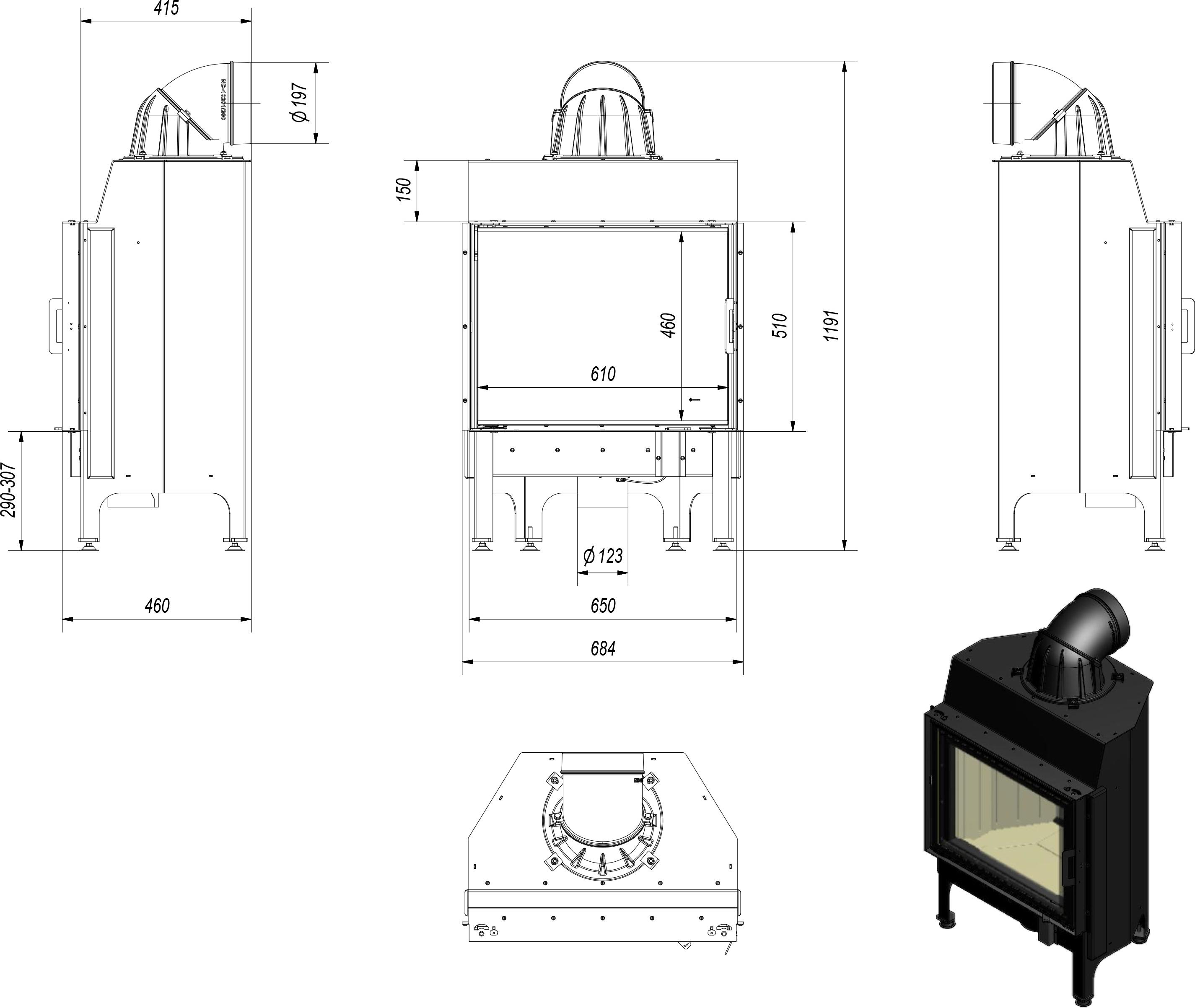 Oceľový krb KRATKI NADIA 10 kW Ø 200 samozatváracie dvierka