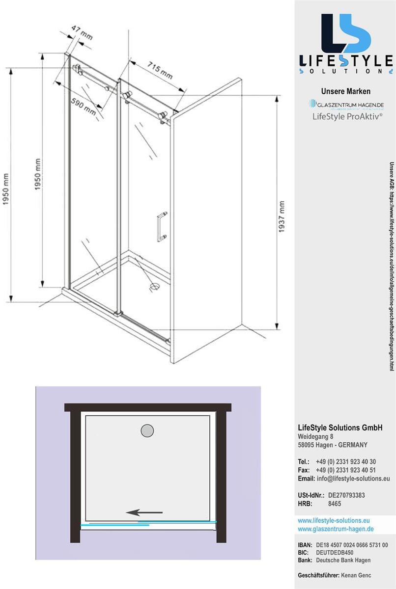 Glaszentrum Hagen 135x195 cm Schiebetür Duschtür ESG Glas GH-1802N-135