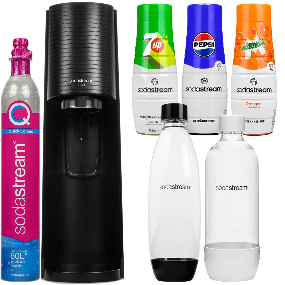 Výrobník sody SodaStream Terra Black + 2 fľaše Black/White + Pepsi sirup + 7up + Mirinda
