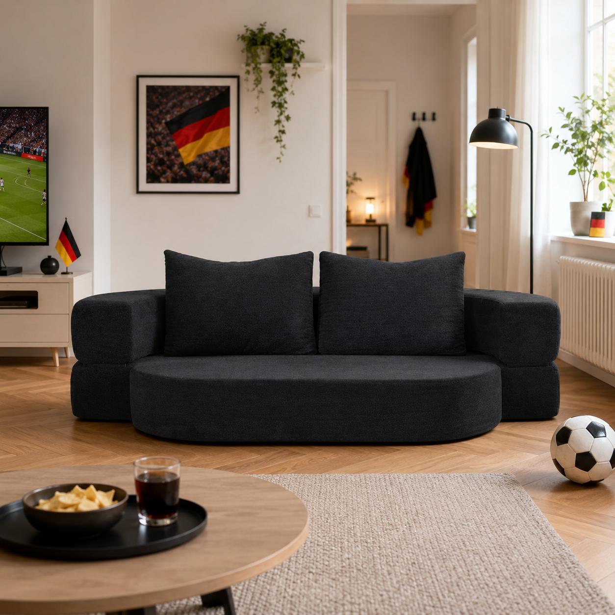 Atenza Faltbares Sofa Bett 2-in-1, Futon Schlafsofa mit 2 Kissen und Decke, Bodensofa ohne Montage