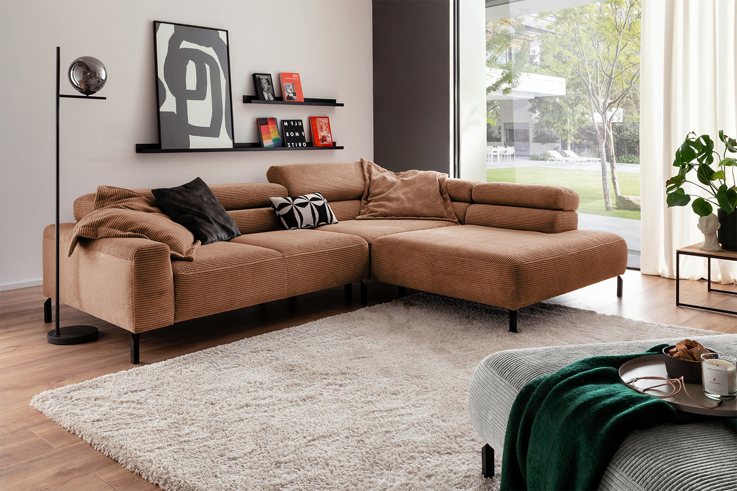 KAWOLA Sofa DELIA Ecksofa Cord rost mit motorischem Sitzvorzug Recamiere rechts