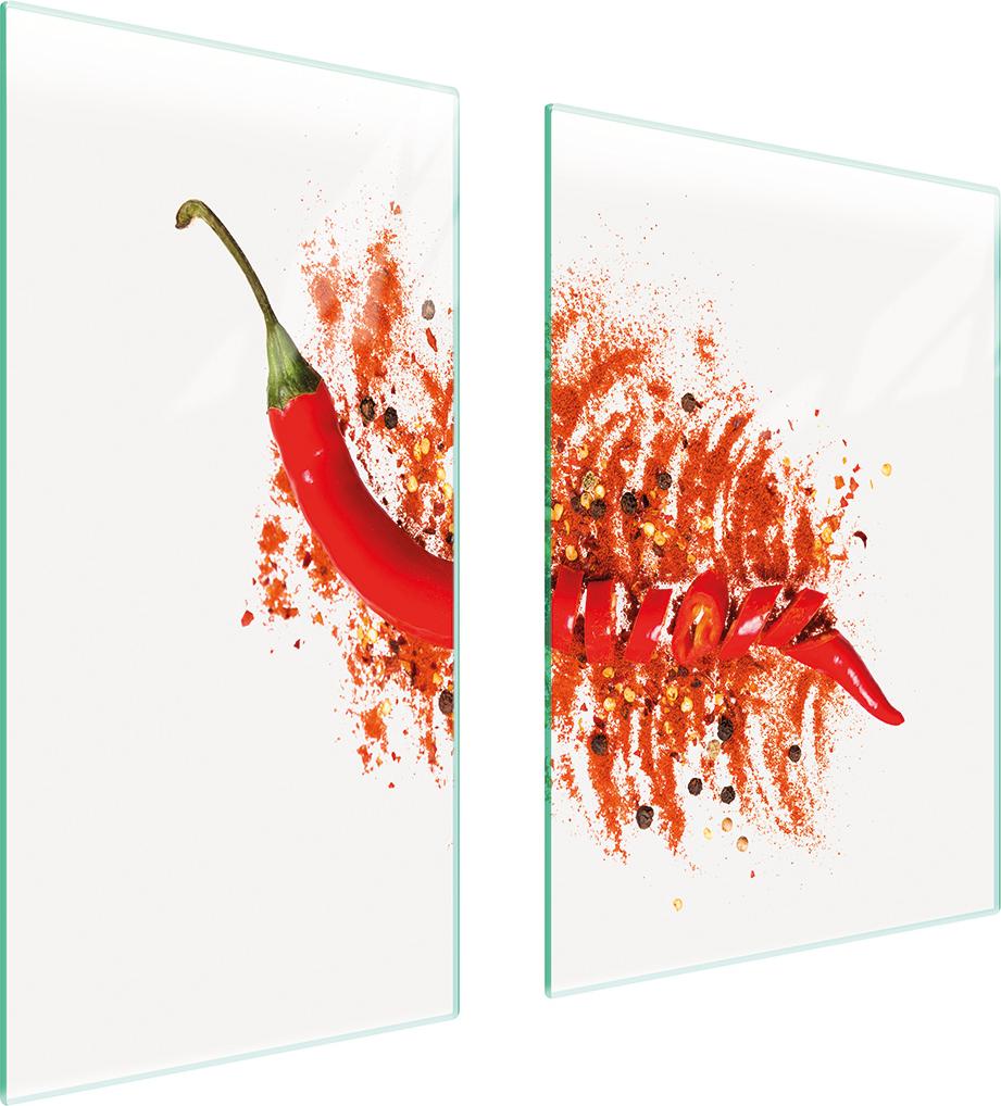 TMK ArtDeko Herdabdeckplatten 2 teilig 75x52 Ceranfeld Abdeckung Glas Schneidebrett Chili Gewürze