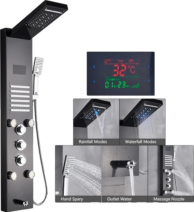 OEM LED-Duschpaneel, thermostatischer Wasserhahn, einstellbare Wasserarten , Schwarz 8004 2370