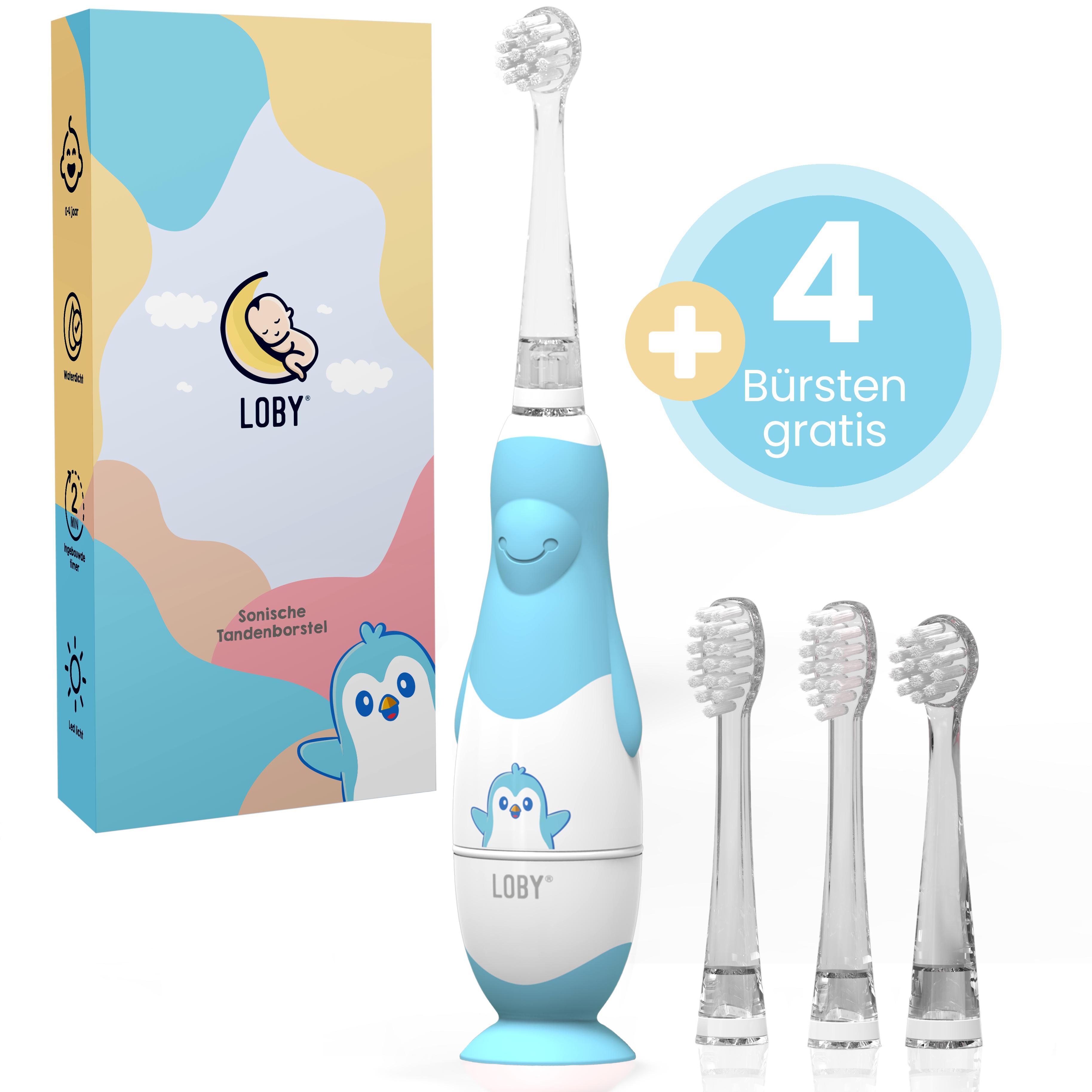 Loby Elektrische Zahnbürste Kinder Baby Kinderzahnbürste Elektrisch ab 0-4 Jahre mit LED Licht Smart Timer Schall Babyzahnbürste Wasserdicht Blau LB-01