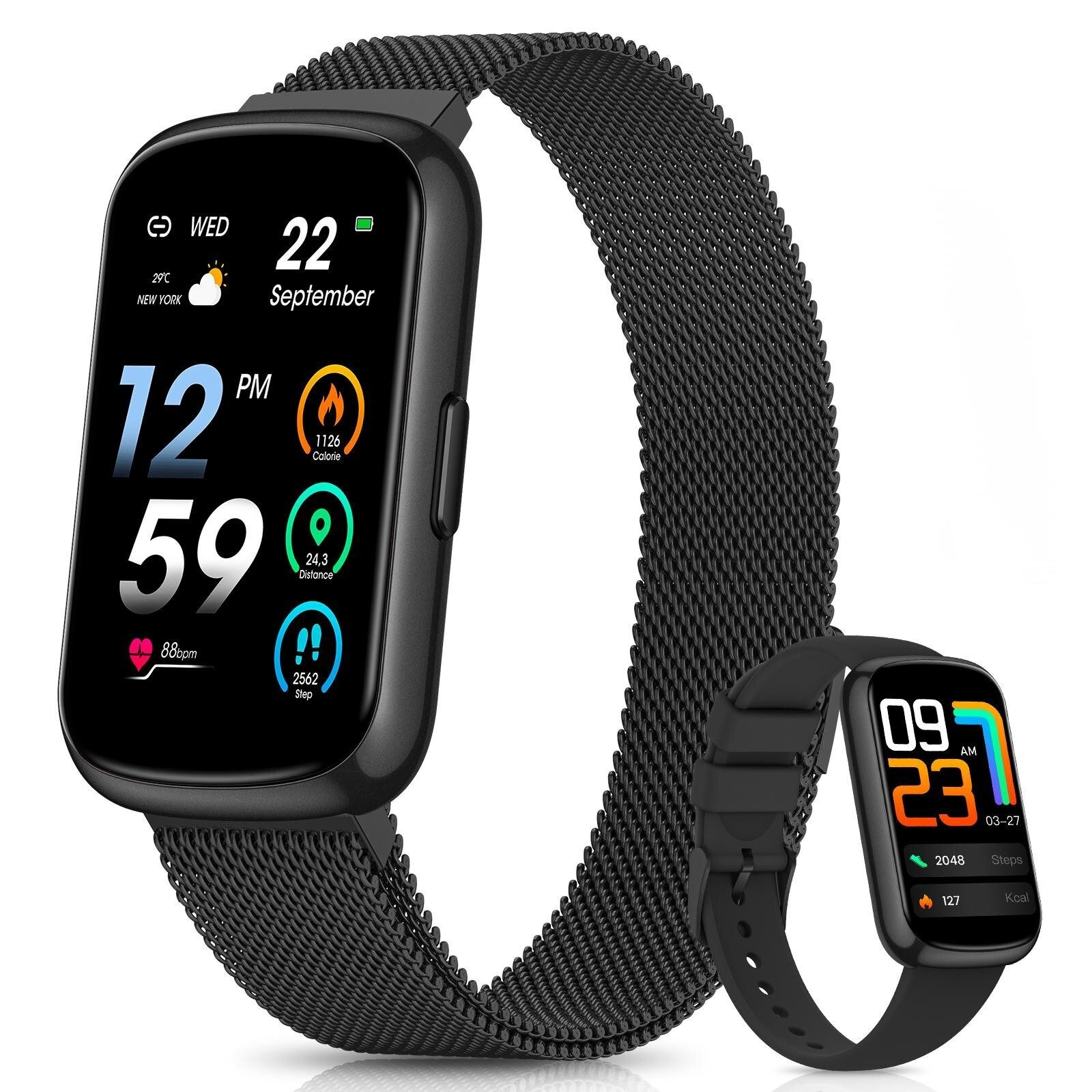 Sanorum Smartwatch Damen 1,47" Fitness-Tracker, 24h Herzfrequenz, SpO2, Schlafmonitor, 24 Sportmodi, Schrittzähler, WhatsApp-Benachrichtigung, IP68 wasserdich KFDKDXCS5BK