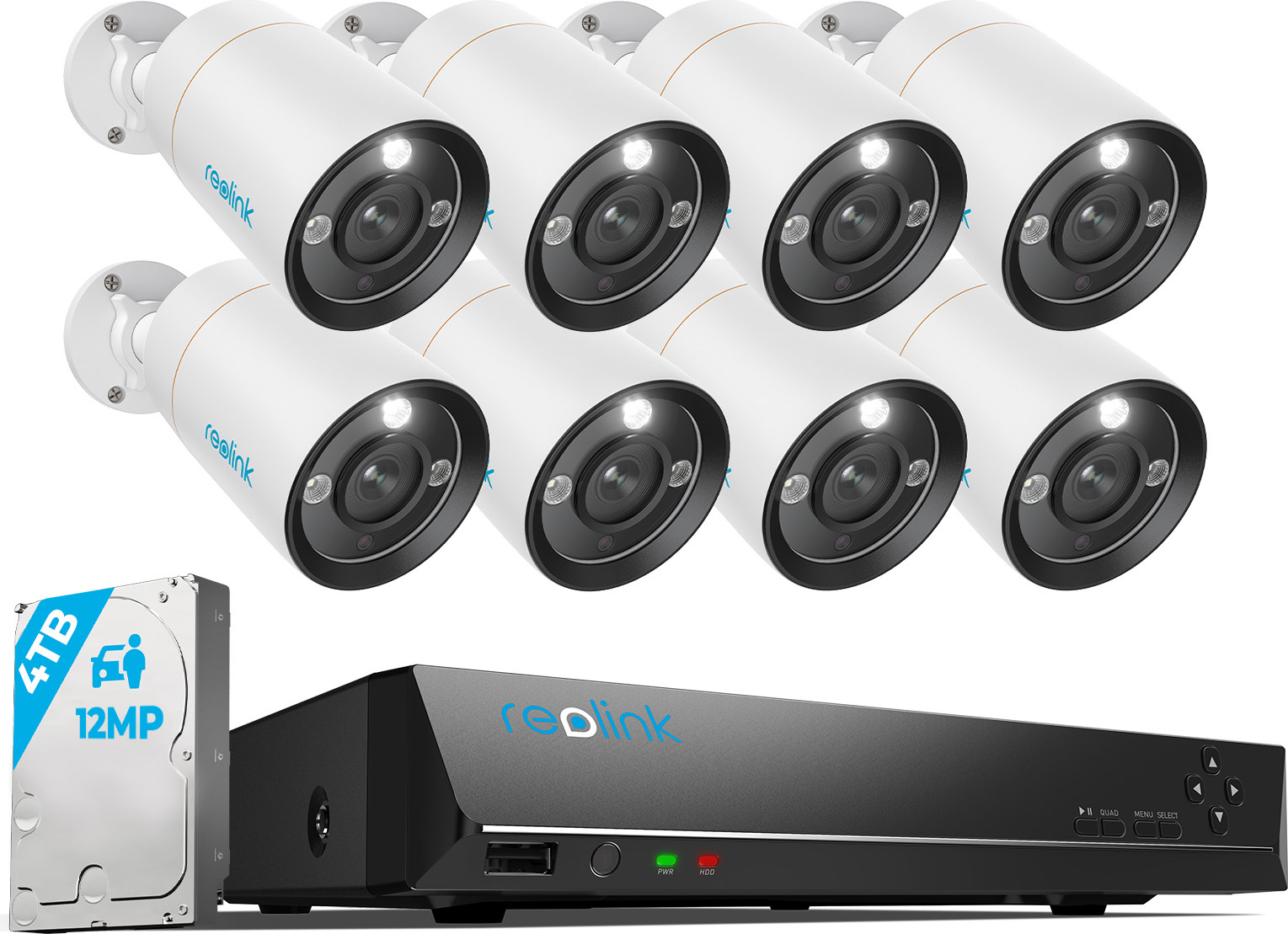 Kamerový systém Reolink 12 MP PoE, 16-kanálový NVR so 4 TB HDD na nepretržité nahrávanie a 8 guľôčkovými monitorovacími kamerami s detekciou osôb/vozidiel, obojsmerným zvukom, reflektormi, RLK16-1200B8-A